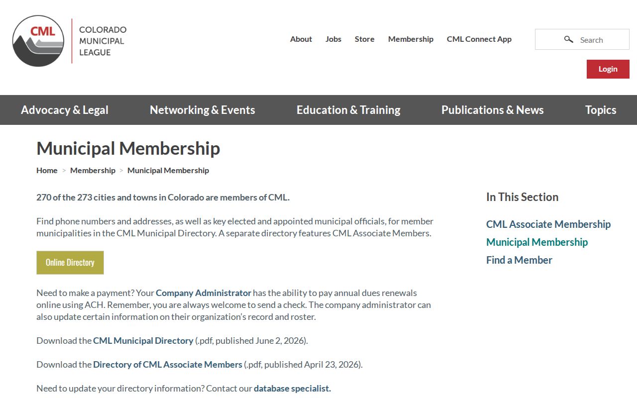 Colorado phone directory page for the Municipal League city and town directory