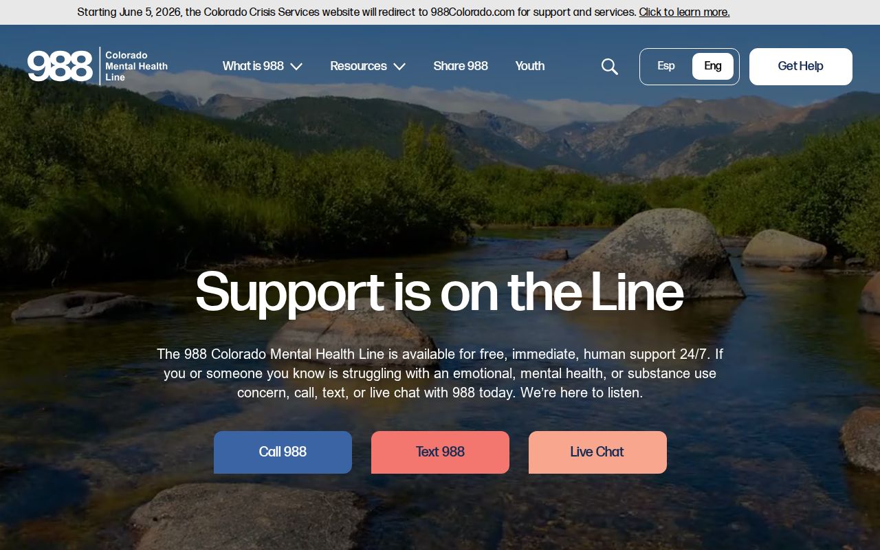 Colorado phone directory crisis resource showing the 988 Colorado support page