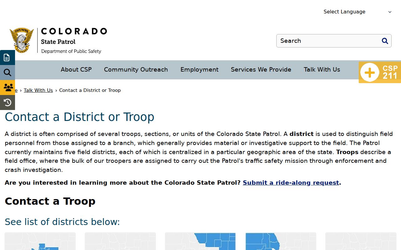 Colorado phone directory listing of State Patrol district and troop contacts