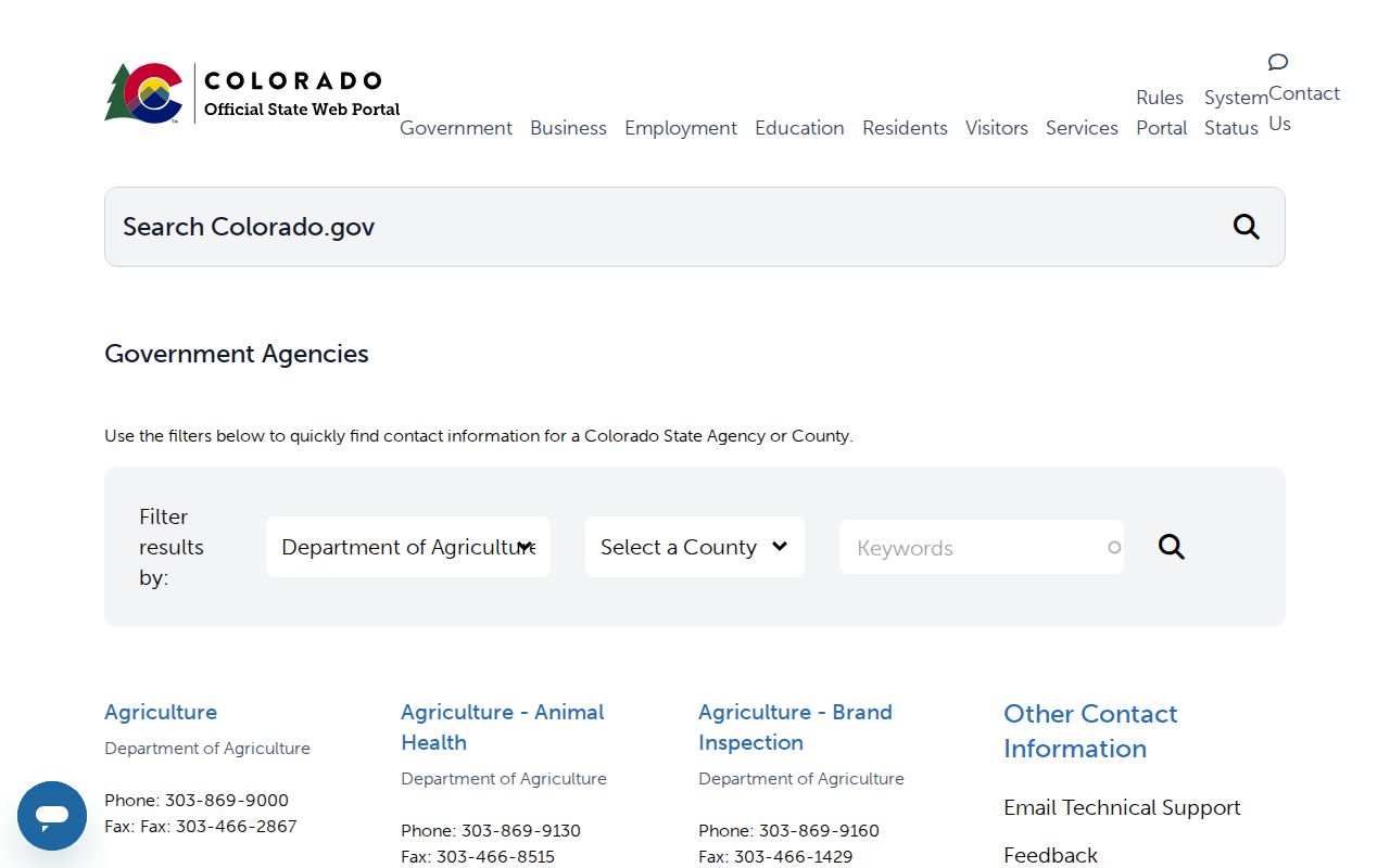 Colorado phone directory search on the Colorado.gov agency and county contacts page
