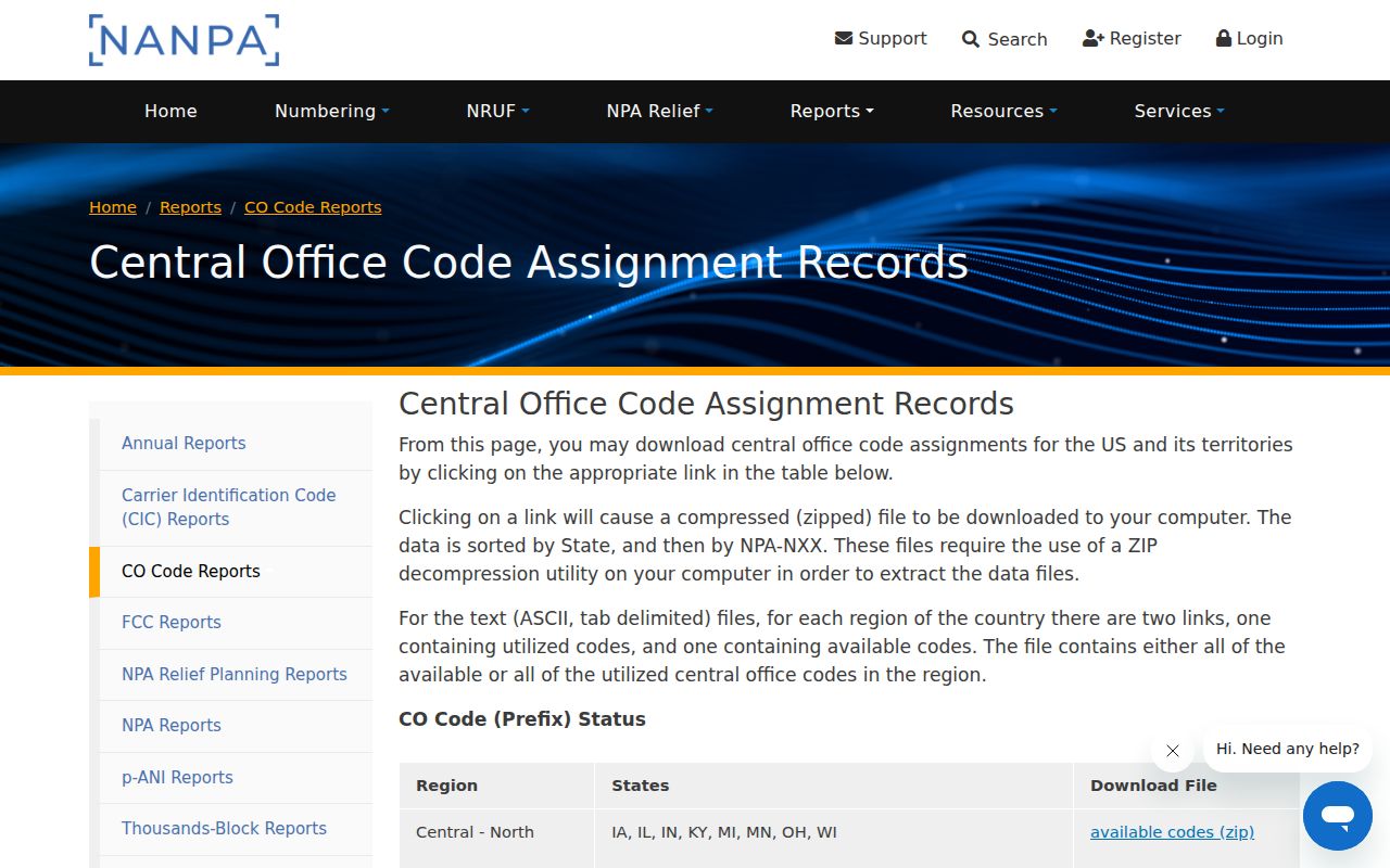 Colorado area codes prefix data on the NANPA central office code assignment downloads