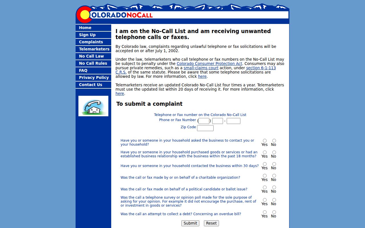 Colorado phone codes complaint form for the Colorado No Call program
