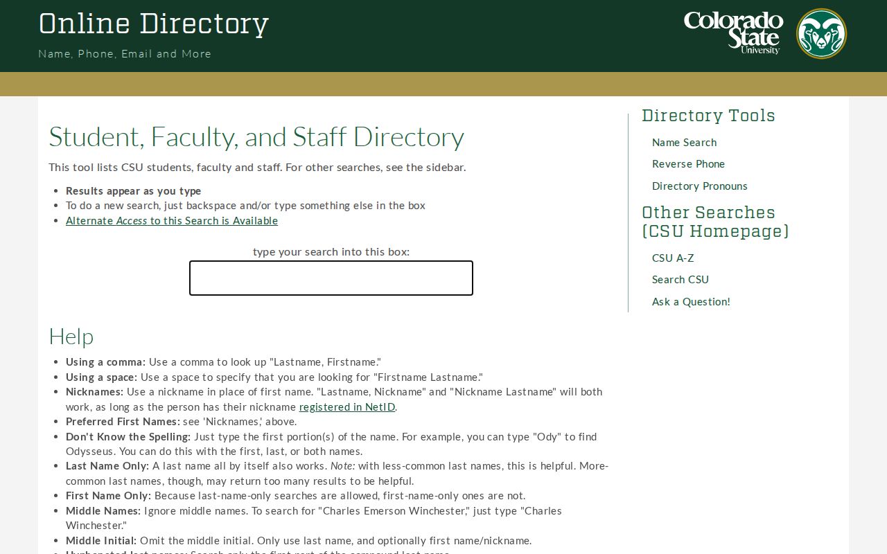 Colorado phone numbers name search in the Colorado State University directory