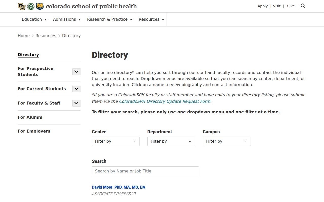 Colorado phone numbers filters in the Colorado School of Public Health directory