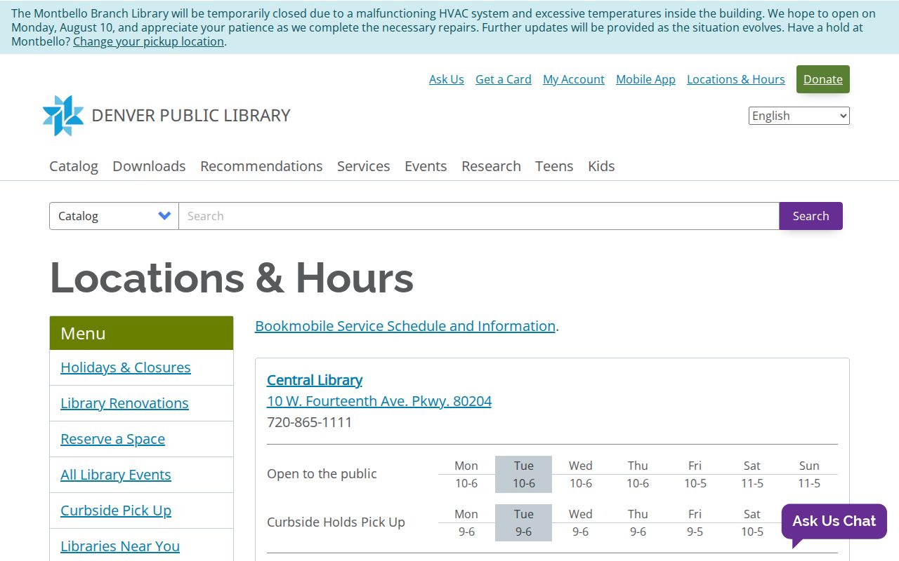 Colorado phone numbers for Denver Public Library branches
